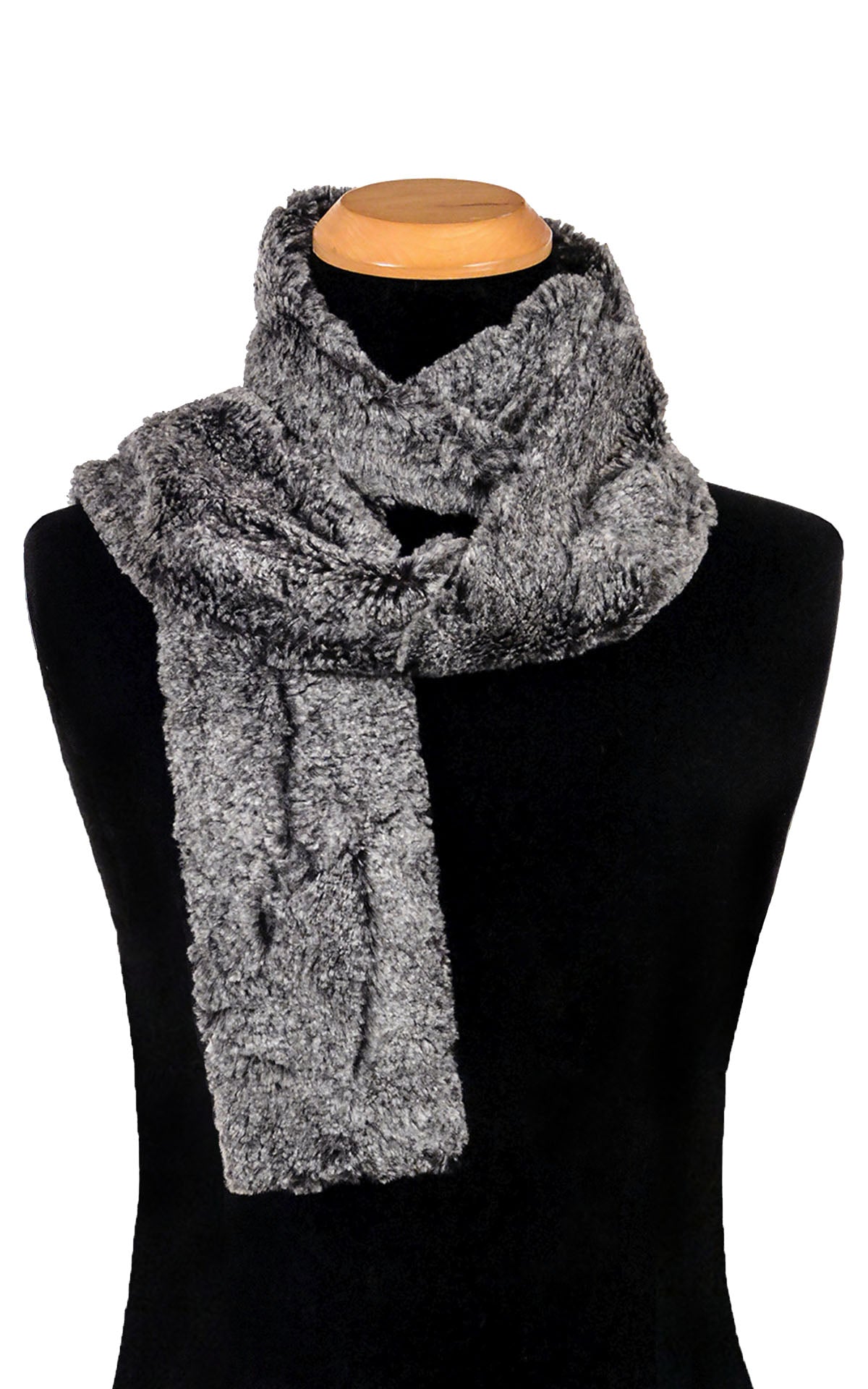 Men's Classic Skinny Scarf in Luxury Faux Fur Nimbus, close up view. Pandemonium Millinery