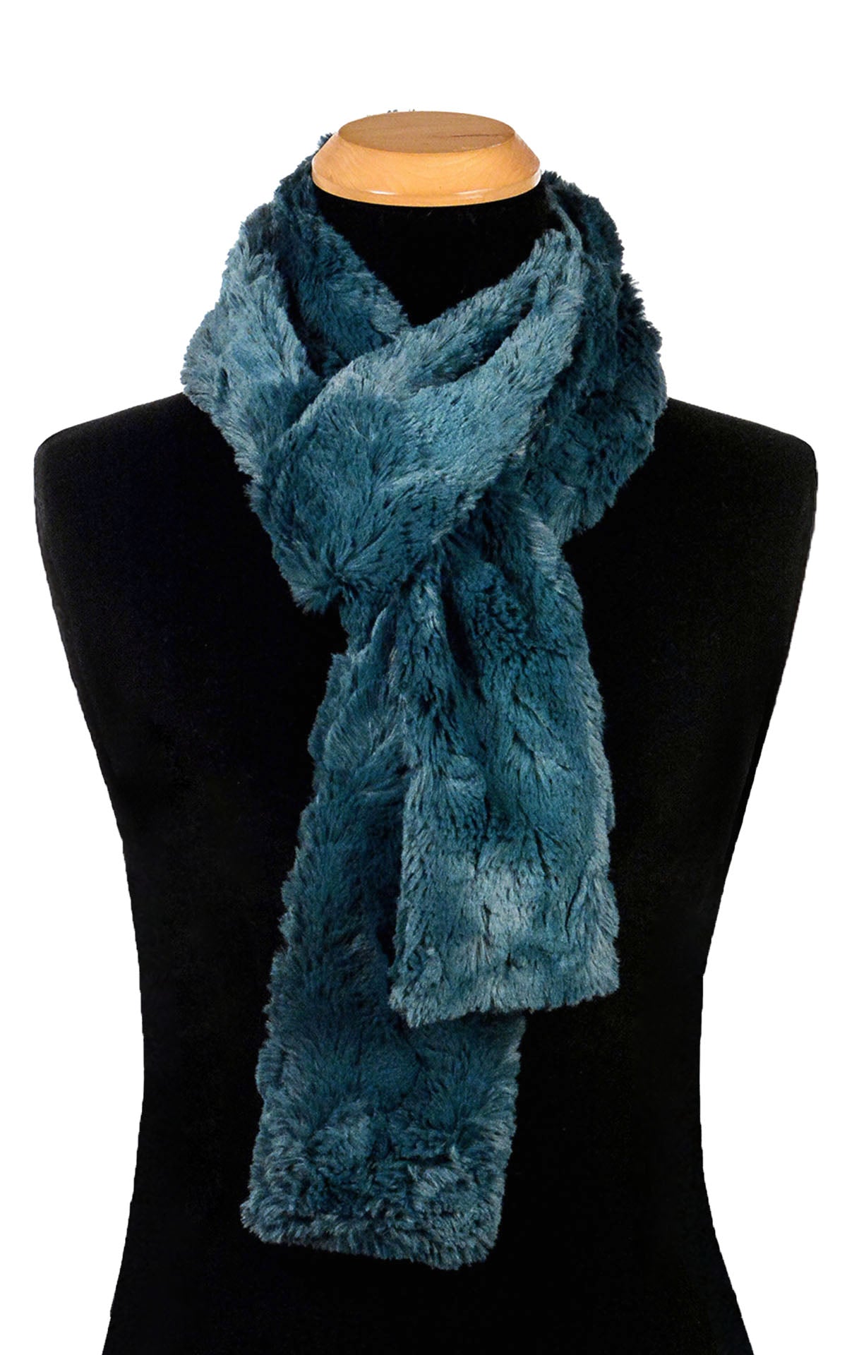 Men’s Product shot on mannequin of Classic Scarf | Peacock Pond blue/teal Faux Fur | Handmade by Pandemonium Millinery Seattle, WA USA