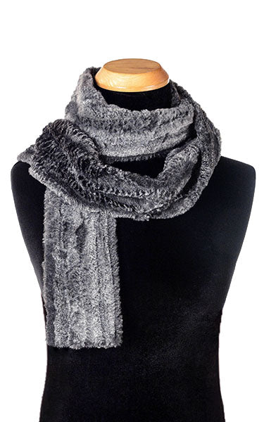 Men’s Product shot on mannequin of Skinny Classic Scarf Rattle ‘n’ shake animal snake print Faux Fur | Handmade by Pandemonium Millinery Seattle, WA USA