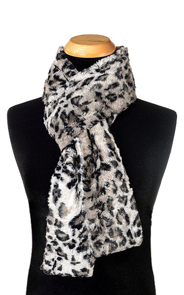 Men’s Product shot on mannequin of Classic Skinny Scarf | Savannah Cat animal print Faux Fur | Handmade by Pandemonium Millinery Seattle, WA USA