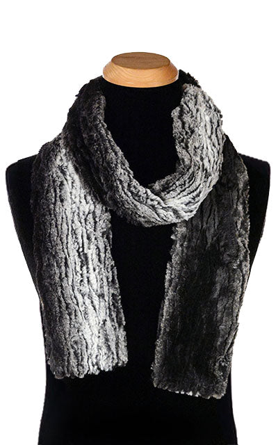 Women’s Product shot on mannequin of Classic Skinny Scarf | Smoldering Sequoia, black and ivory Faux Fur | Handmade by Pandemonium Millinery Seattle, WA USA