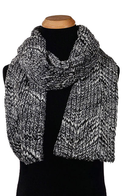 Men's Classic Scarf on Mannequin | Cozy Cable in Ash Faux Fur, Black and White | Handmade in Seattle WA Pandemonium Millinery