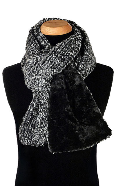 Men's Classic Scarf on Mannequin | Cozy Cable in Ash Faux Fur with Cuddly Black | Handmade in Seattle WA Pandemonium Millinery