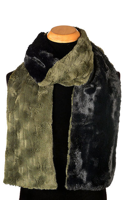 Men's Standard Scarf in Cuddly Faux Fur in Army Green with Cuddly Black | Handmade in Seattle WA | Pandemonium Millinery