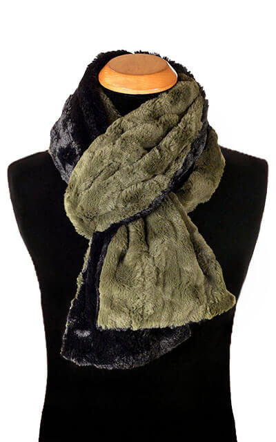 Men&#39;s Standard Scarf in Cuddly Faux Fur in Army Green with Cuddly Black | Handmade in Seattle WA | Pandemonium Millinery