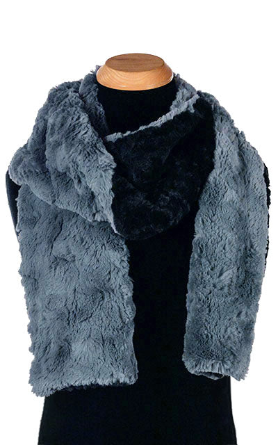 Product shot of Classic Men’s Scarf on Mannequin | Cuddly Faux Fur in Slate, Blue/ Gray with Black | Handmade in Seattle WA Pandemonium Millinery
