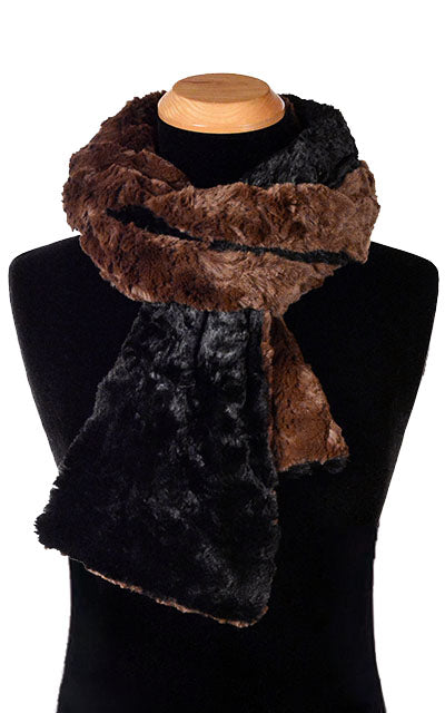 Product shot of Classic Men’s Scarf on Mannequin | Cuddly Faux Fur in Chocolate with Black | Handmade in Seattle WA Pandemonium Millinery