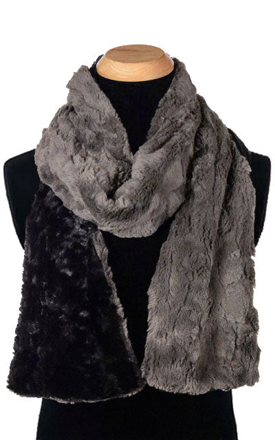 Product shot of Classic Women’s Scarf on Mannequin | Cuddly Faux Fur in Charcoal Gray with Black  | Handmade in Seattle WA Pandemonium Millinery