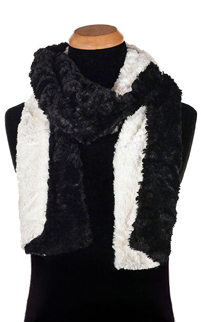 Product shot of Classic Men’s Scarf on Mannequin | Cuddly Faux Fur in Black with Ivory Faux Fur  | Handmade in Seattle WA Pandemonium Millinery