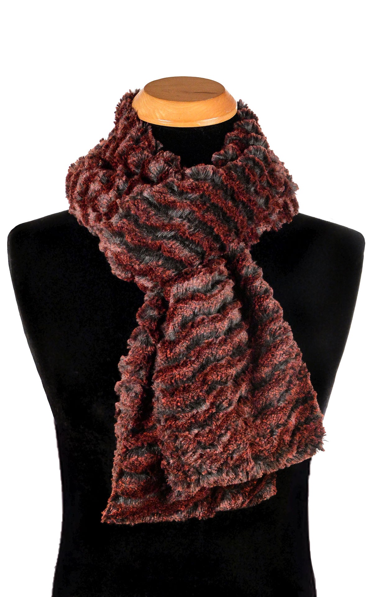 Product shot of  Classic Men's scarf  looped on Mannequin | Desert Sand in Crimson Faux Fur | Handmade in Seattle WA Pandemonium Millinery