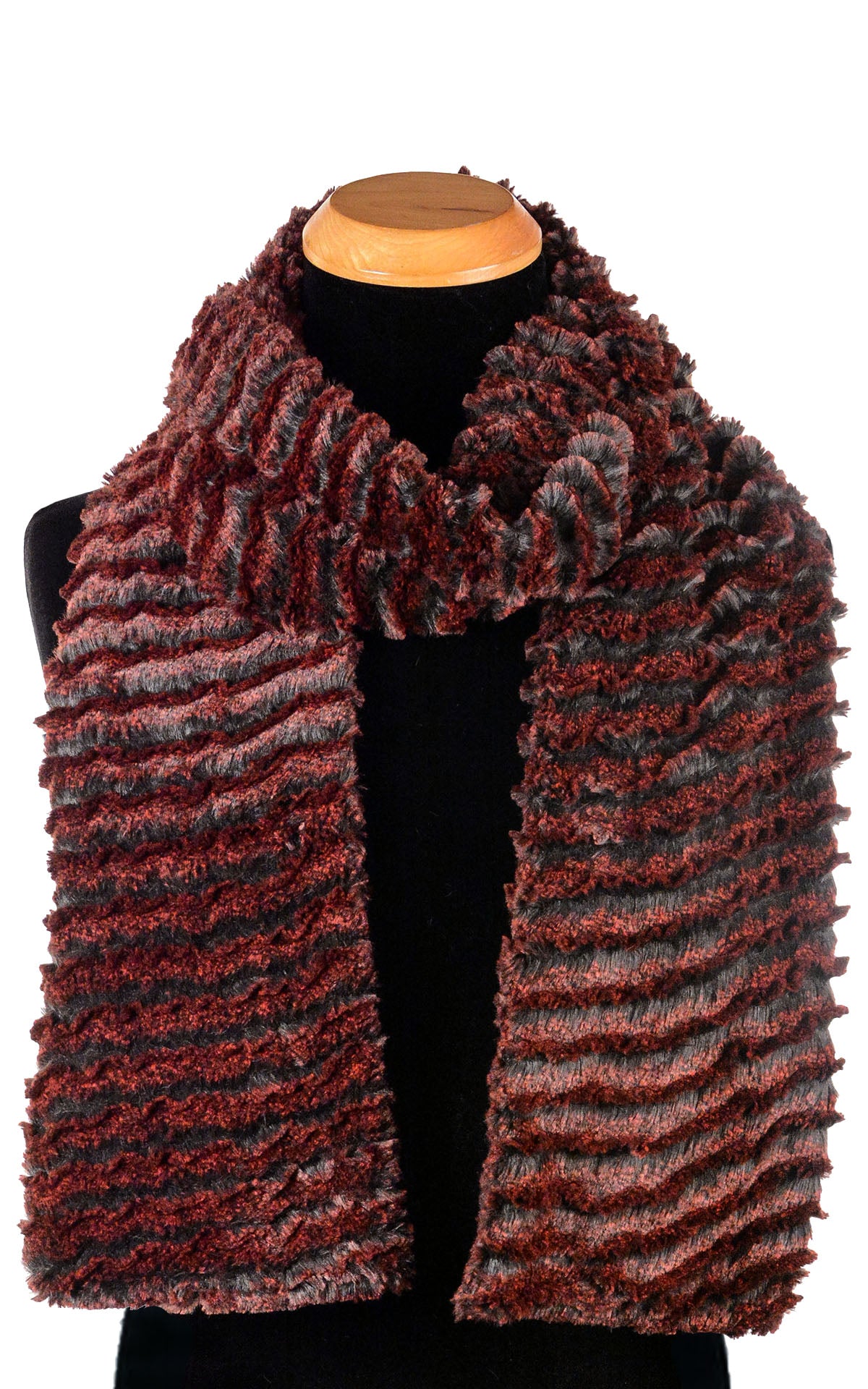 Product shot of  Classic Men's Scarf on Mannequin | Desert Sand in Crimson Faux Fur | Handmade in Seattle WA Pandemonium Millinery