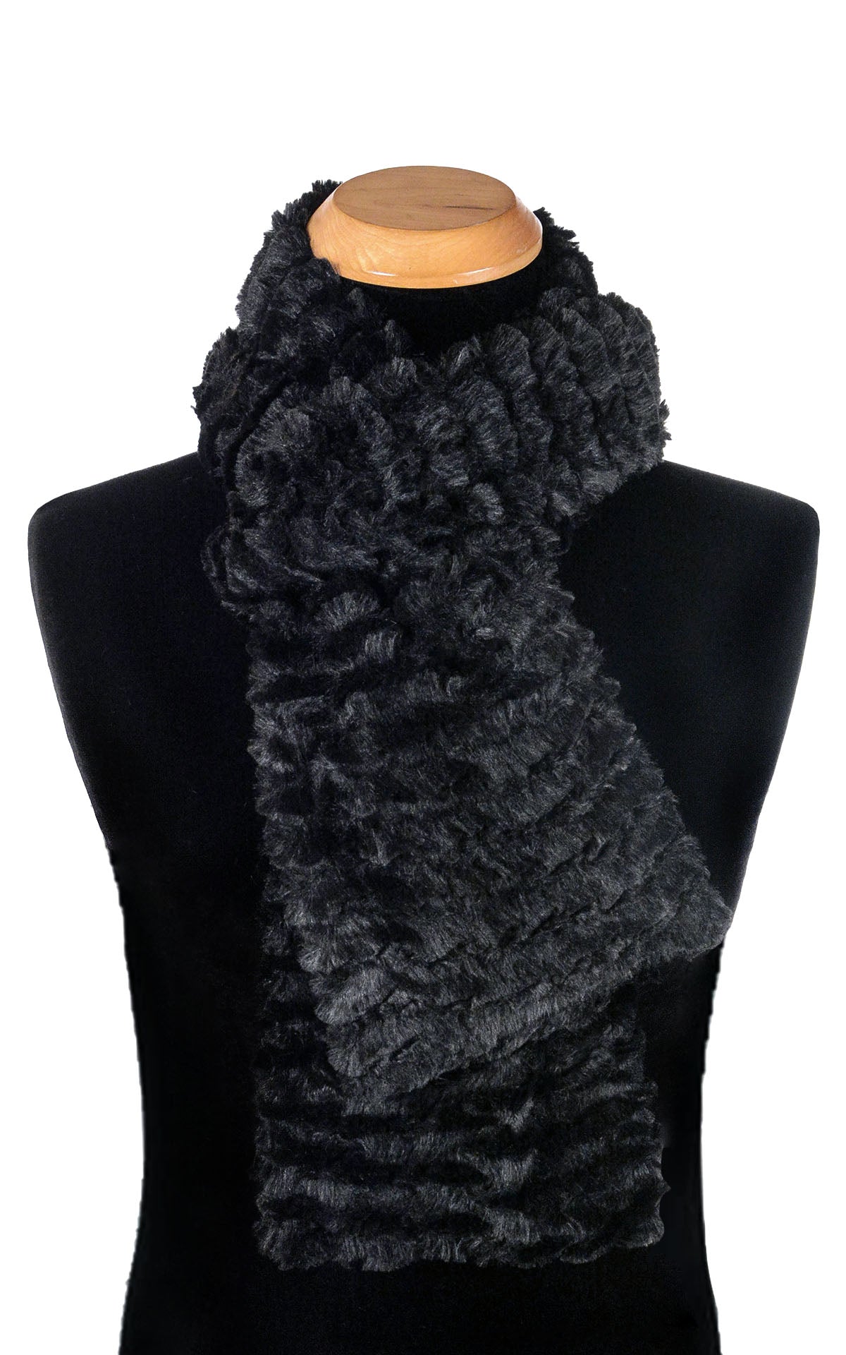 Product shot of  Classic Men's  Scarf on Mannequin  shown tied| Desert Sand in Black Midnight Faux Fur | Handmade in Seattle WA Pandemonium MillineryProduct shot of  Classic Men's Skinny  Scarf on Mannequin | Desert Sand in Black Midnight Faux Fur | Handmade in Seattle WA Pandemonium Millinery