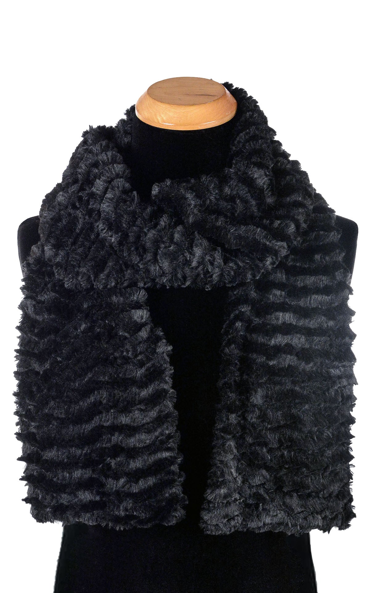 Product shot of  Classic Men's Scarf on Mannequin | Desert Sand in Black Midnight Faux Fur | Handmade in Seattle WA Pandemonium Millinery