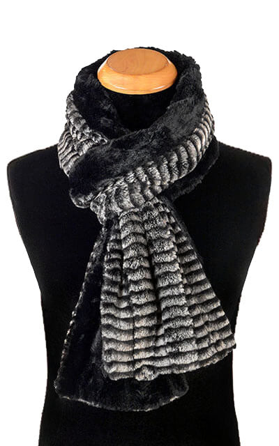 Men's Classic Standard Scarf in 8mm Luxury Faux Fur in Black & White with Cuddly Black | Handmade in Seattle WA | Pandemonium Millinery