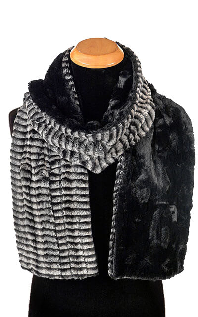 Men's Classic Scarf in 8mm Luxury Faux Fur in Black & White with Cuddly Black | Handmade in Seattle WA | Pandemonium Millinery