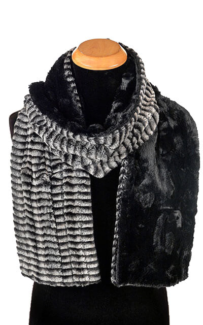 Men&#39;s Classic Scarf in 8mm Luxury Faux Fur in Black &amp; White with Cuddly Black | Handmade in Seattle WA | Pandemonium Millinery