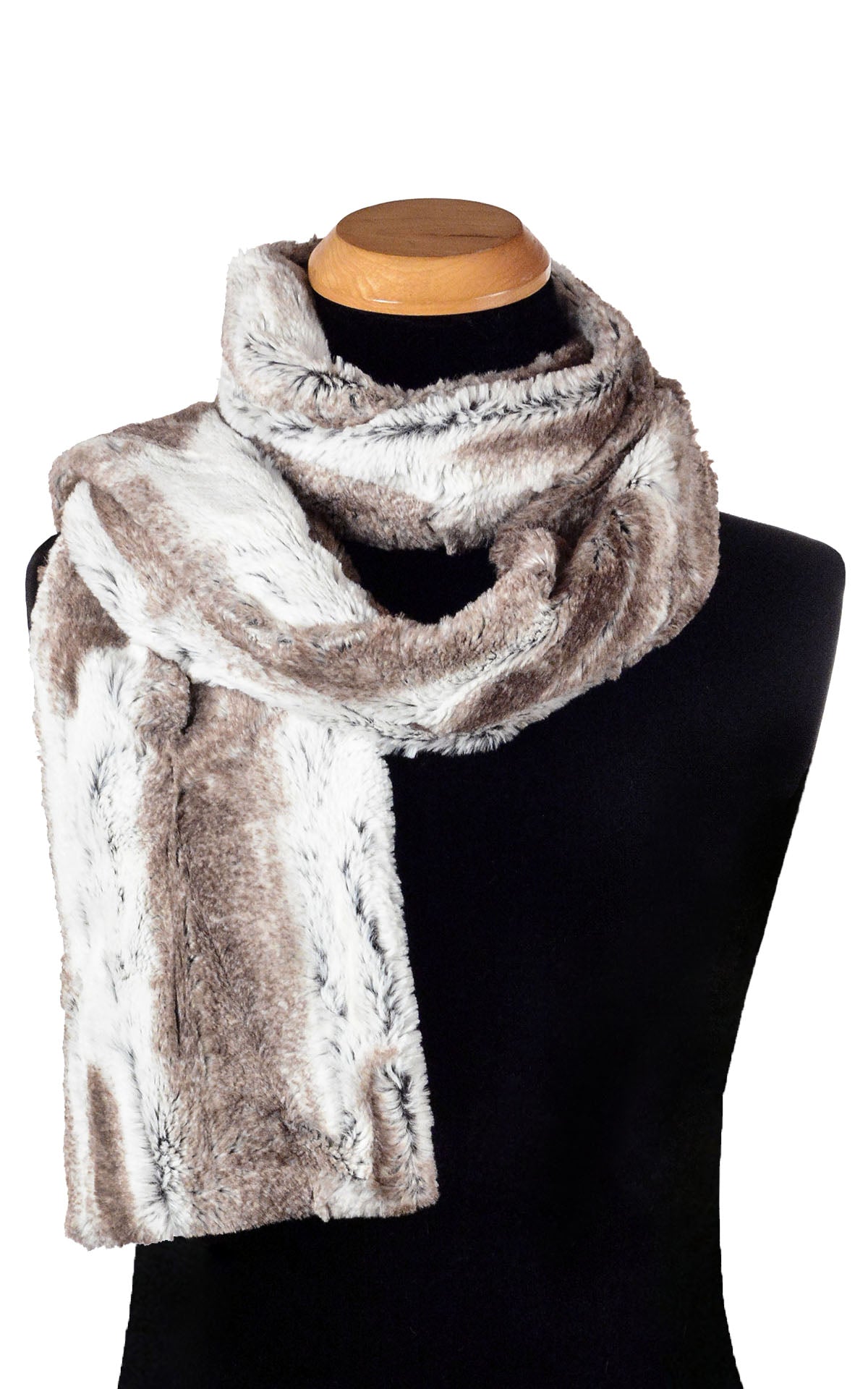 Men’s Product shot of Classic Scarf on mannequin | Birch Faux Fur, Brown and Ivory | Handmade in Seattle WA Pandemonium Millinery