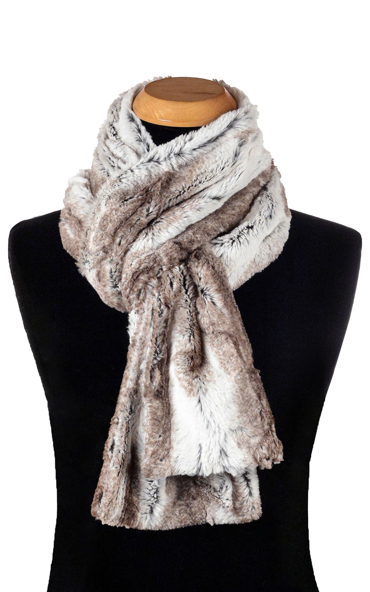 Men's Product shot of Classic Scarf on mannequin shown tied  | Birch Faux Fur, Brown and Ivory | Handmade in Seattle WA Pandemonium Millinery