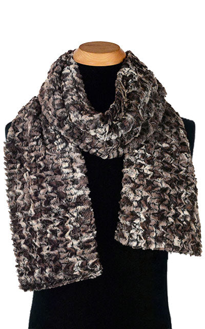 Men’s Product shot on mannequin of Classic  Skinny Scarf | Calico faux fur in brown crems and black | Handmade by Pandemonium Millinery Seattle, WA USA