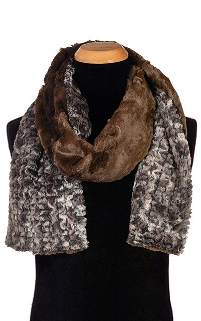 Men's Classic Skinny Standard Scarf | Luxury Faux Fur in Calico with Cuddly Chocolate | handmade Seattle WA USA by Pandemonium Millinery