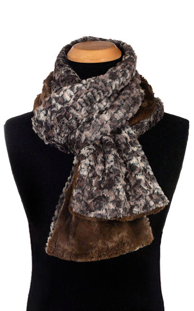 Men’s Product shot on mannequin of Classic  Two-Tone Scarf | Calico faux fur in brown crems and black with cuddly chocolate | Handmade by Pandemonium Millinery Seattle, WA USA