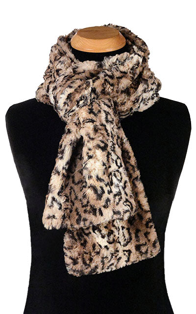 Men’s Product shot on mannequin of Classic Scarf | Carpathian faux fur in brown creams and black | Handmade by Pandemonium Millinery Seattle, WA USA