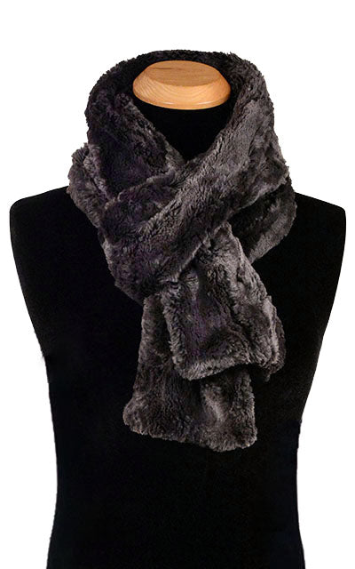 Men’s Product shot on mannequin of Classic Skinny Scarf | Espresso in blacks and browns Faux Fur | Handmade by Pandemonium Millinery Seattle, WA USA