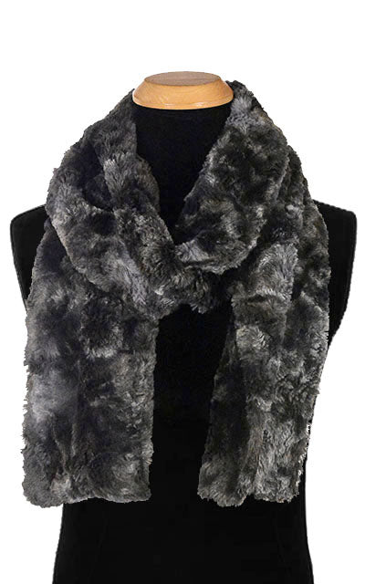 Men’s Product shot on mannequin of Classic Scarf | Highland in Skye faux fur tie dye navy grays and blues| Handmade by Pandemonium Millinery Seattle, WA USA
