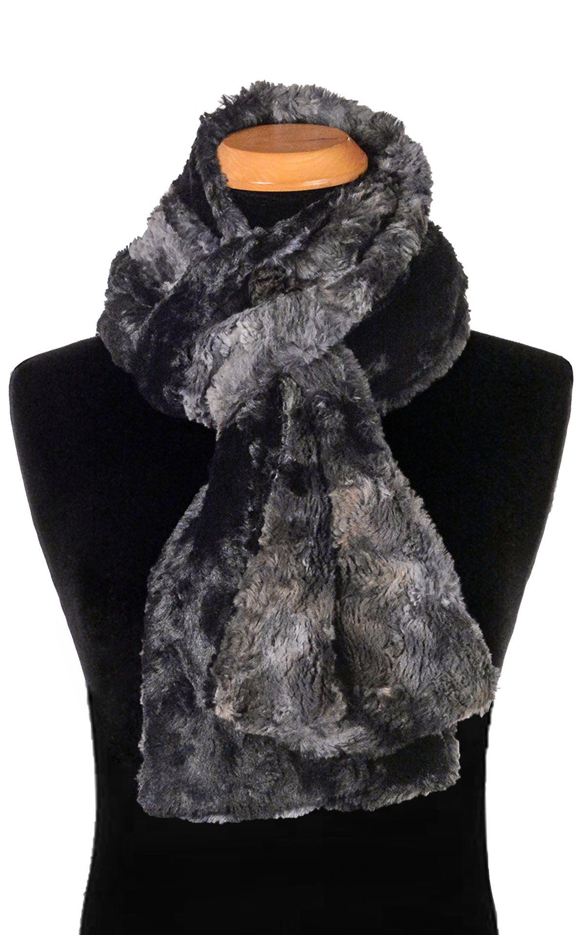 Women’s Product shot on mannequin of Classic Scarf | Highland in Skye faux fur tie dye navy grays and blues| Handmade by Pandemonium Millinery Seattle, WA USA