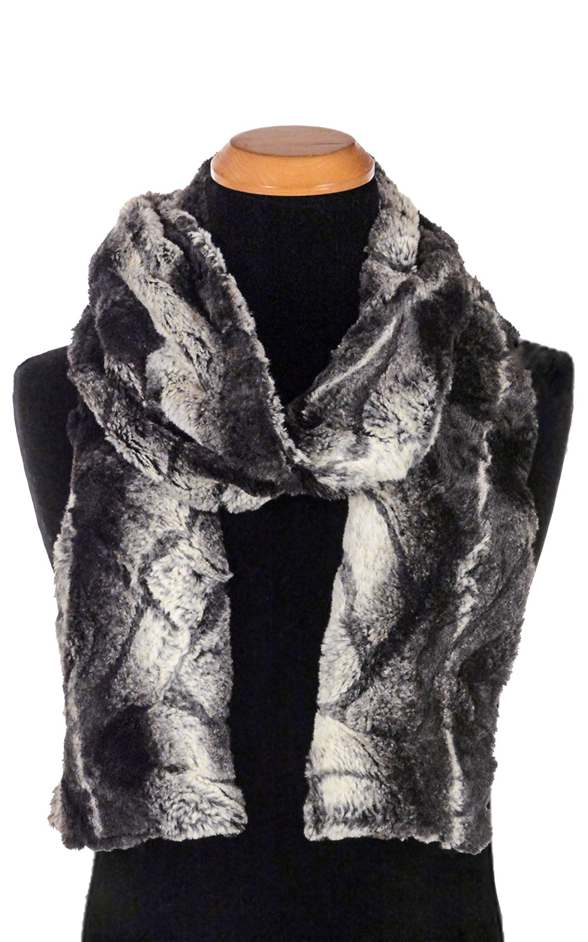 Men’s Product shot on mannequin of Classic Skinny Scarf | Honey Badger black and cream print faux fur| Handmade by Pandemonium Millinery Seattle, WA USA