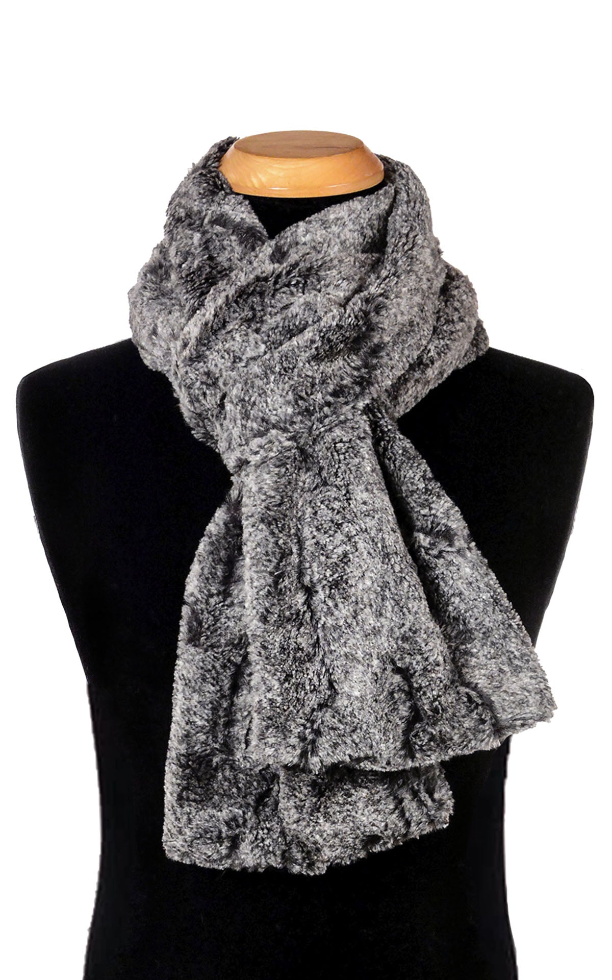 Men's Classic Skinny Scarf in Luxury Faux Fur Nimbus, close up view. Pandemonium Millinery