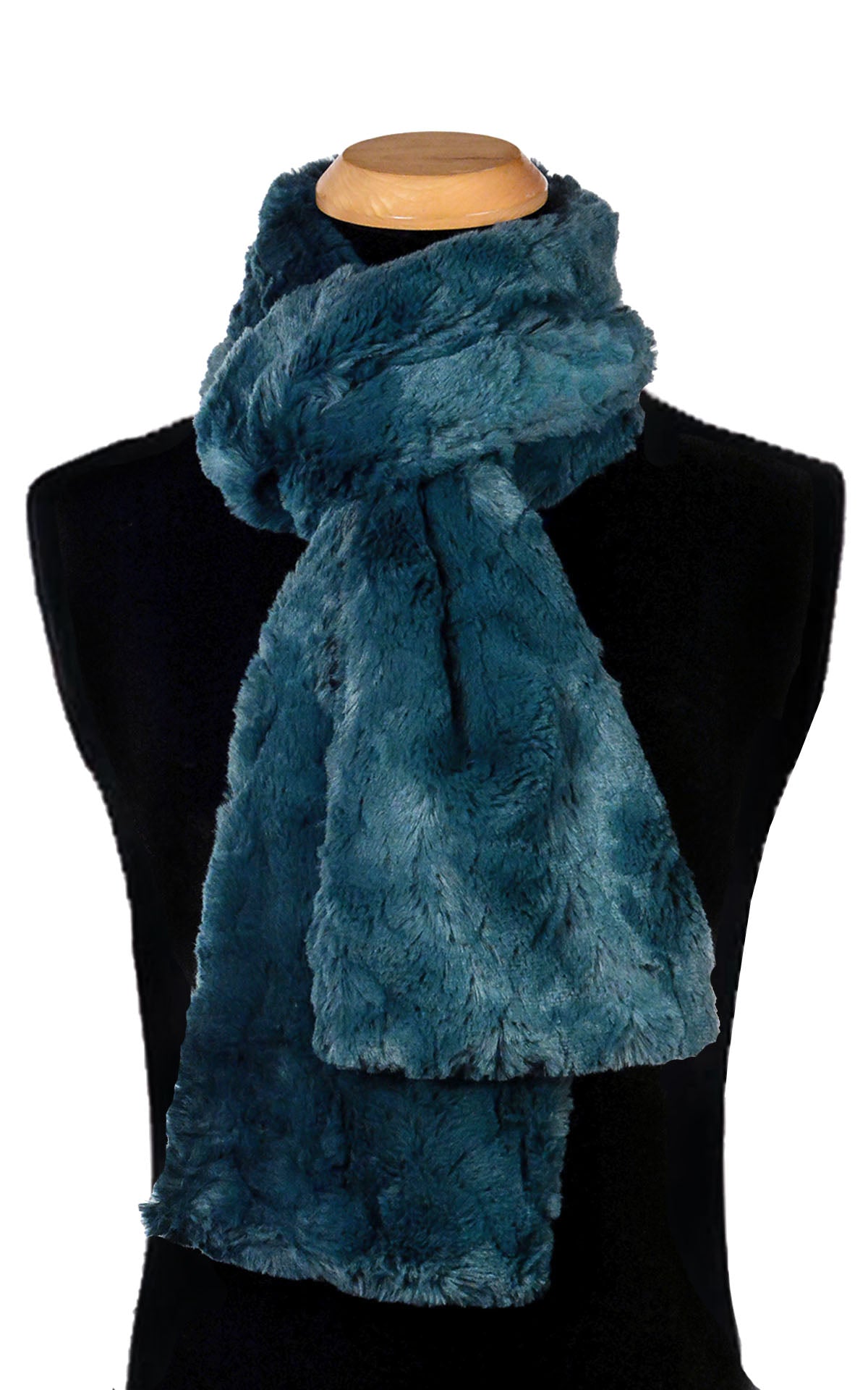 Men’s Product shot on mannequin of Classic Scarf | Peacock Pond blue/teal Faux Fur | Handmade by Pandemonium Millinery Seattle, WA USA