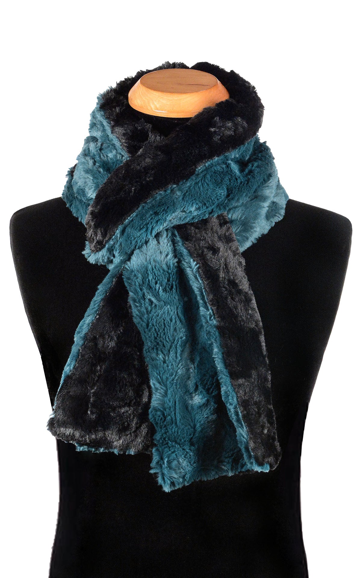 Men’s Product shot on mannequin of Two-tone Classic Scarf | Peacock Pond blue/teal Faux Fur with cuddly black | Handmade by Pandemonium Millinery Seattle, WA USA