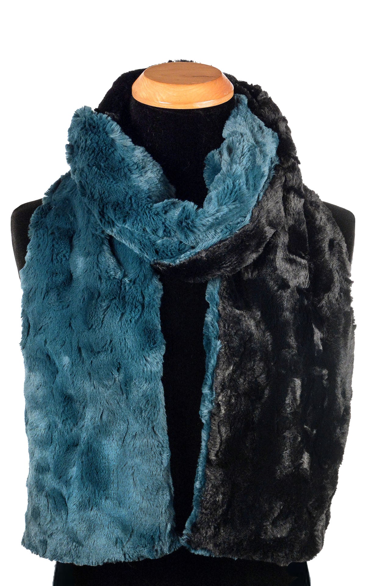 Men’s Product shot on mannequin of Two-tone Classic Scarf | Peacock Pond blue/teal Faux Fur with cuddly black | Handmade by Pandemonium Millinery Seattle, WA USA