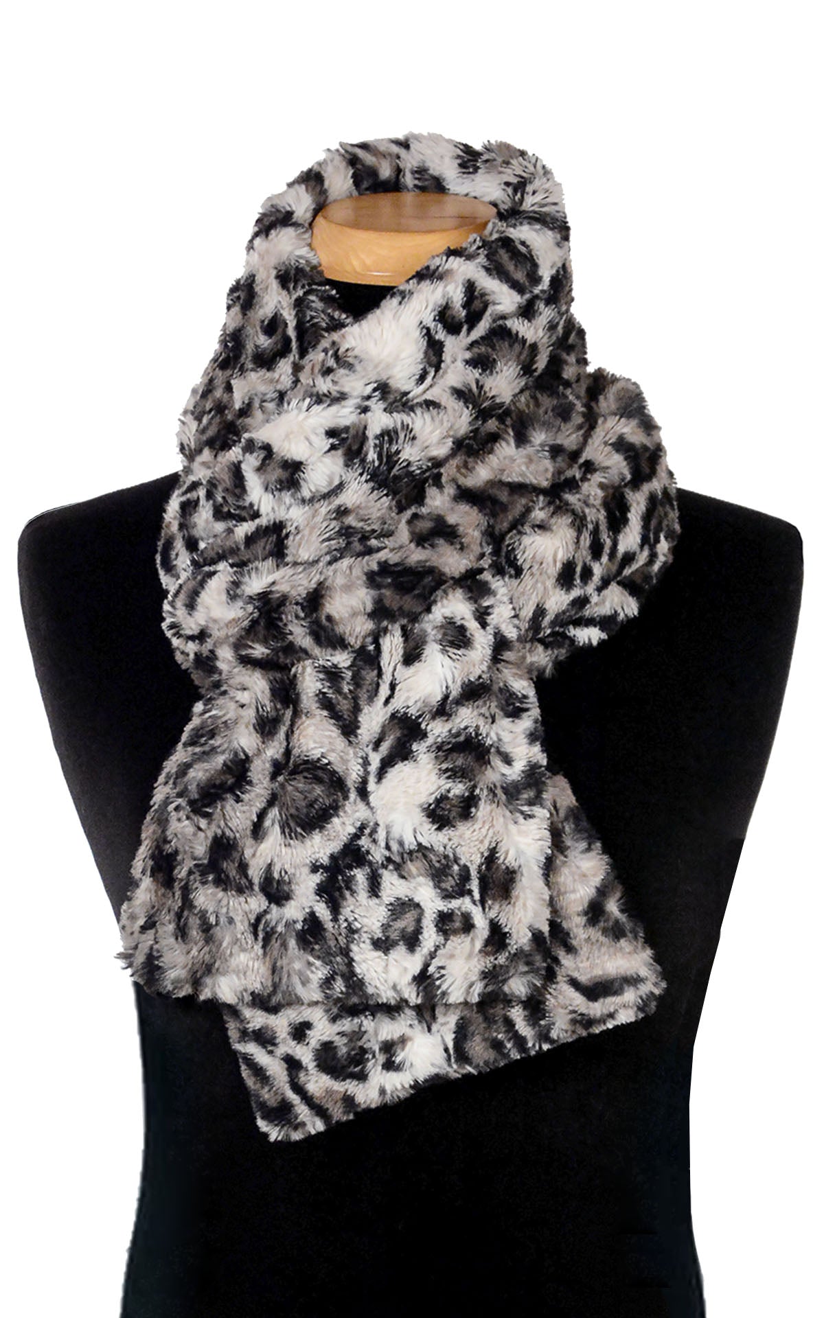 Men’s Product shot on mannequin of Classic Scarf | Savannah Cat animal print Faux Fur | Handmade by Pandemonium Millinery Seattle, WA USA