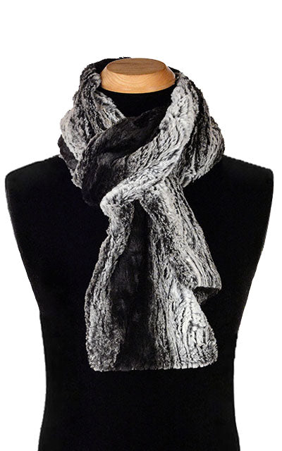 Women’s Product shot on mannequin of Classic Skinny Scarf | Smoldering Sequoia, black and ivory Faux Fur | Handmade by Pandemonium Millinery Seattle, WA USA