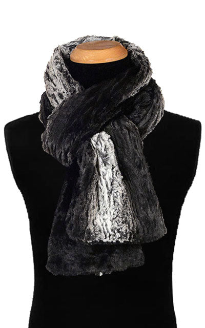 Men’s Product shot on mannequin of Classic Two-Tone Scarf | Smoldering Sequoia, black and ivory Faux Fur with cuddly black | Handmade by Pandemonium Millinery Seattle, WA USA
