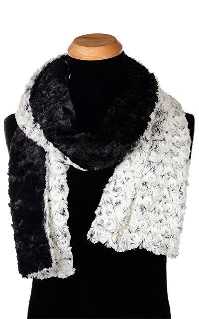 Men&#39;s Classic Scarf | Rosebud Faux Fur in Black with Cuddly Black | handmade in Seattle WA USA by Pandemonium Millinery