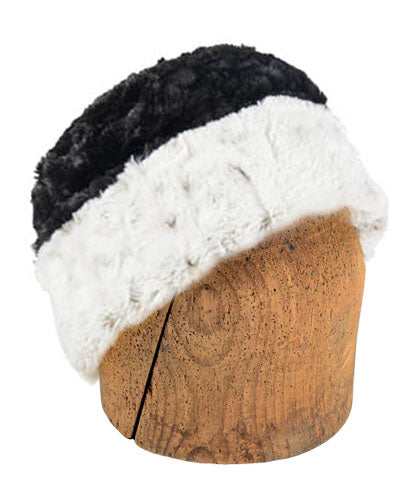 Men&#39;s Cuffed Pillbox Hat, Reversible two tone Luxury Faux Fur in Winters Frost Lined with Cuddly Fur in Black by Pandemonium Millinery