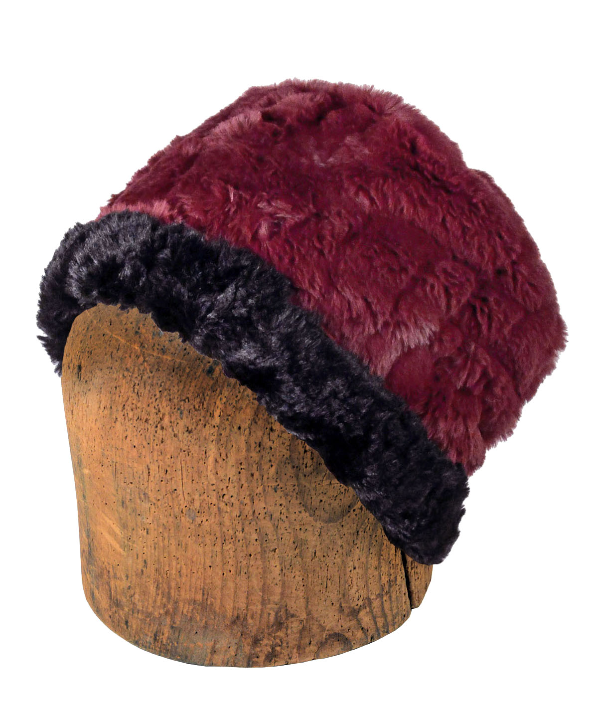 Men's 2-tone Cuffed Pillbox, Reversed | Luxury Faux Fur in Cranberry Creek and Cuddly Black Faux Fur | Handmade in Seattle WA by Pandemonium Millinery USA