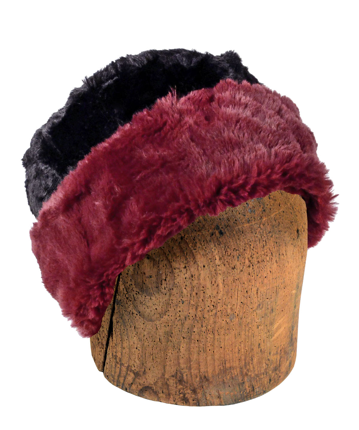 Men's 2-tone Cuffed Pillbox, Reversed | Luxury Faux Fur in Cranberry Creek and Cuddly Black Faux Fur | Handmade in Seattle WA by Pandemonium Millinery USA