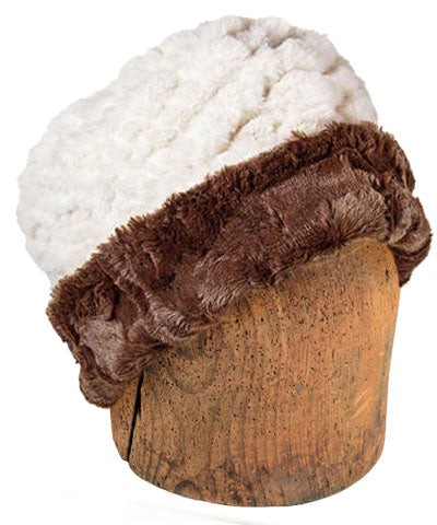 Men&#39;s Cuffed Pillbox Hat, Reversible two tone Plush Faux Fur in Falkor Lined with Cuddly Fur in Chocolate by Pandemonium Millinery