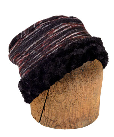 Men's 2-tone Cuffed Pillbox | Sweet Stripes in Cherry Cordial Knit Fabric with CUddly Black Faux Fur | By Pandemonium Millinery| Handmade in Seattle WA