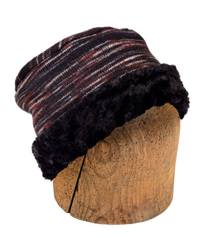Men&#39;s 2-tone Cuffed Pillbox | Sweet Stripes in Cherry Cordial Knit Fabric with CUddly Black Faux Fur | By Pandemonium Millinery| Handmade in Seattle WA