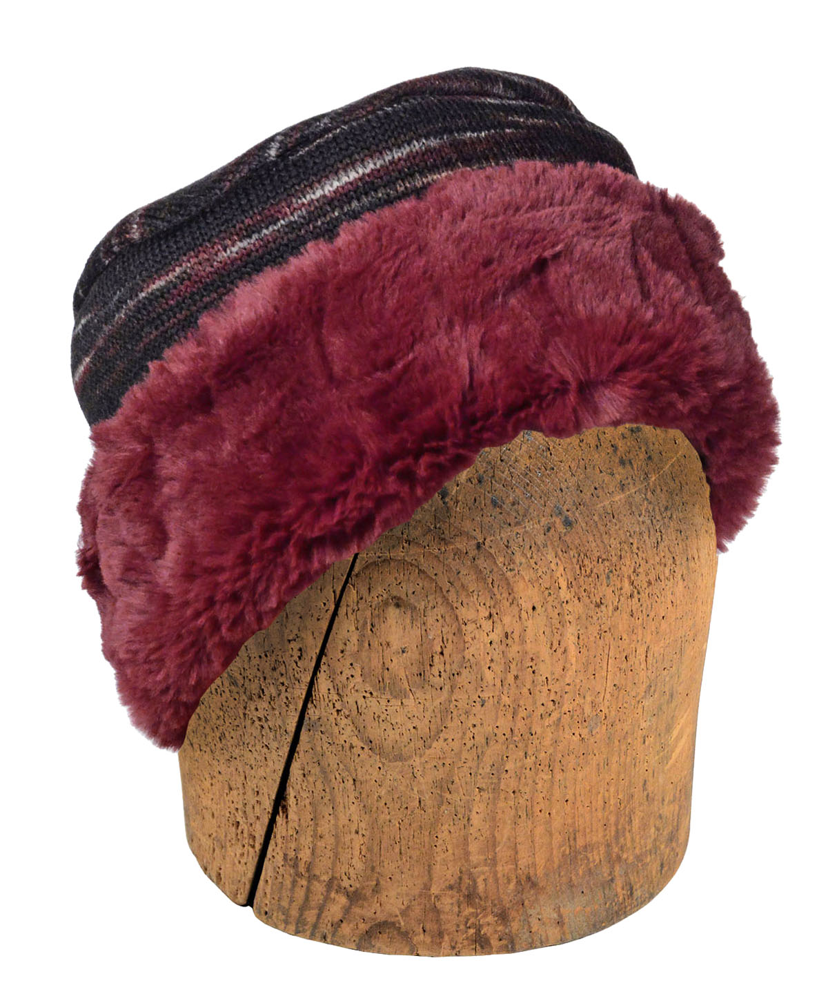 Men's 2-tone Cuffed Pillbox | Sweet Stripes in Cherry Cordial Knit Fabric with CUddly Black Faux Fur | By Pandemonium Millinery| Handmade in Seattle WA