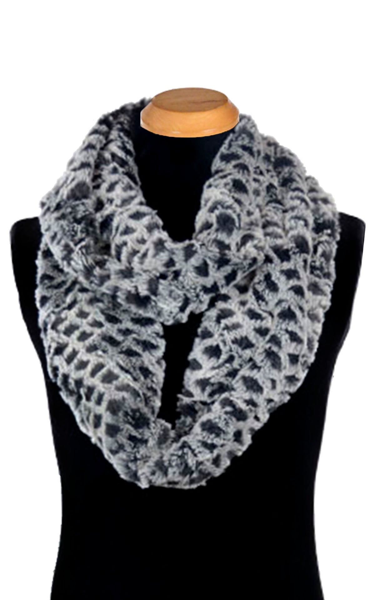 Men&#39;s Product shot of Infinity Scarf Snow Owl Faux fur on mannequin | Luxury Faux Fur | Handmade in Seattle WA Pandemonium Millinery