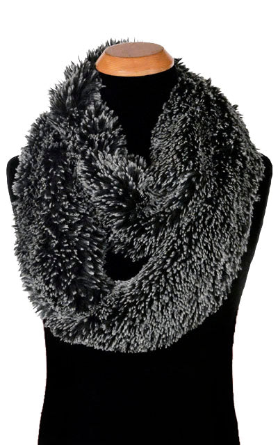 Men's Infinity Scarf | Silver Tipped Fox in Black Faux Fur | handmade Seattle WA USA by Pandemonium Hats