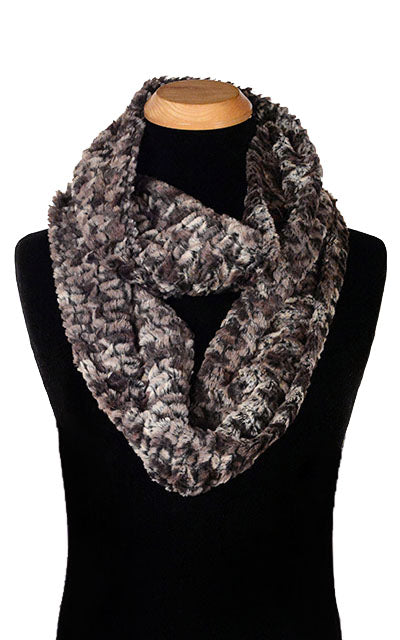 Men’s Infinity Loop Scarf on Mannequin | Calico Faux Fur in Browns and creams, blacks | Handmade in Seattle WA | Pandemonium Millinery