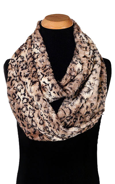 Men’s Infinity Loop Scarf | Carpathian Lynx animal print faux fur in browns and creams | Handmade in Seattle WA | Pandemonium Millinery