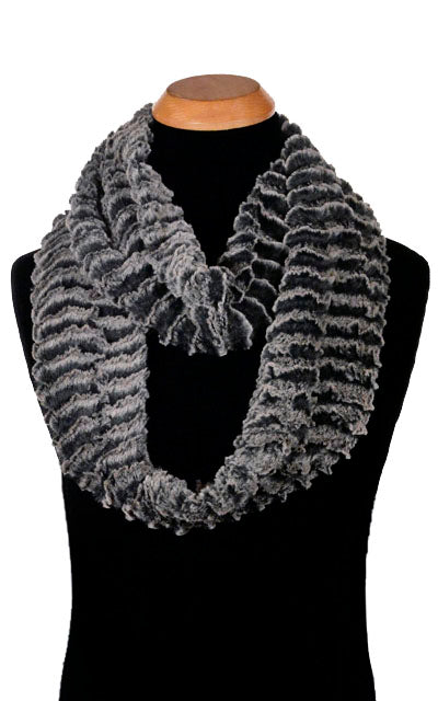Men’s Infinity Loop Scarf | Desert Sand in Charcoal embossed faux fur with light and dark grays | Handmade in Seattle WA | Pandemonium Millinery